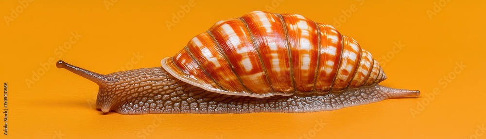 Poster snail shell on a vibrant orange background showcasing natural patterns and textures in fine detail