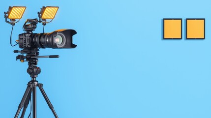 camera setup with bright lights on blue background for creative photography or videography projects