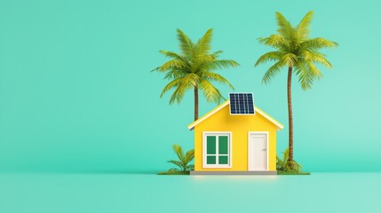 eco home concept. Modern Yellow House with Solar Panels Surrounded by Tropical Palm Trees and Vibrant Aqua Background