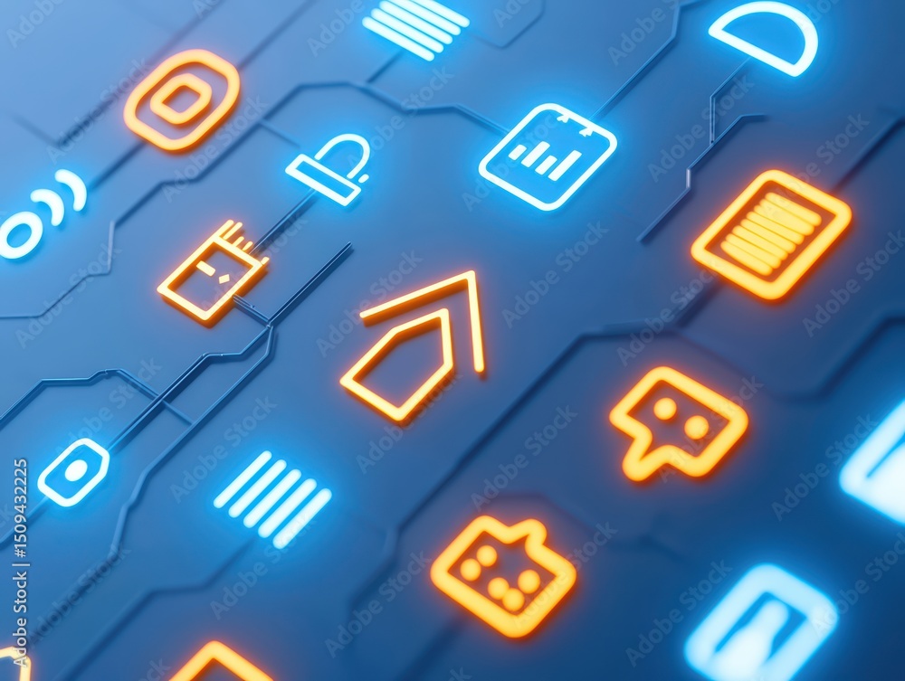 Poster modern digital interface with bright icons and circuit board background for technology and communica