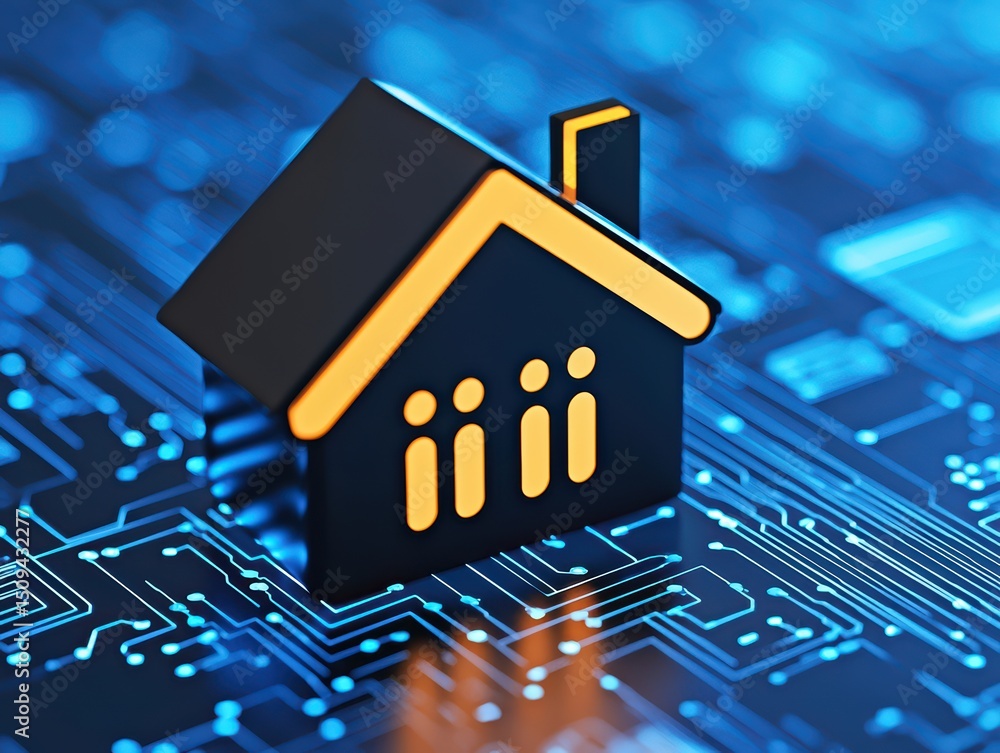 Poster digital home icon representing smart technology and connectivity in a modern virtual environment