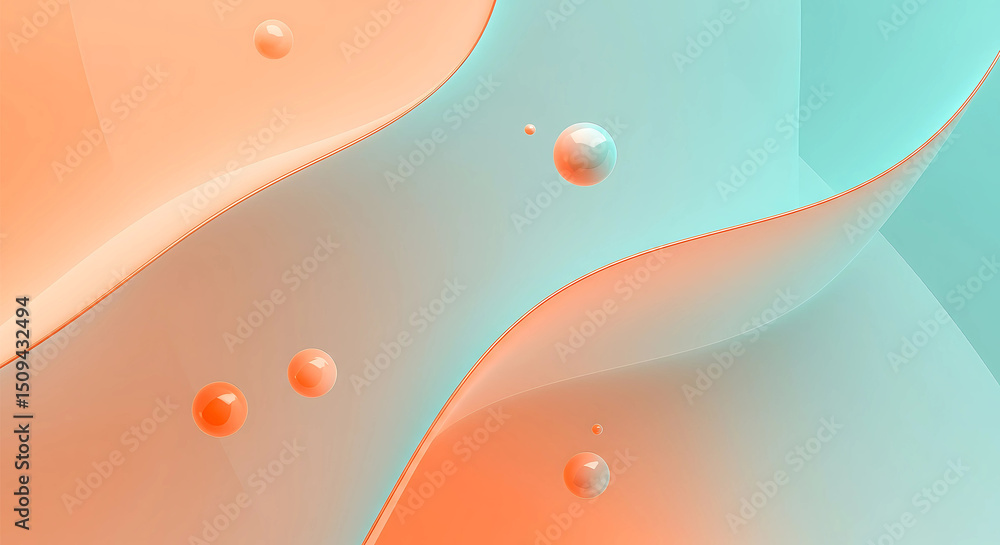 Poster abstract background with flowing shapes and spheres in shades of orange and aqua creating a modern a
