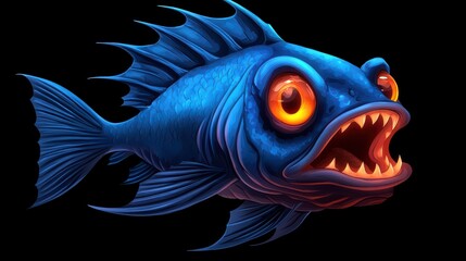 Fototapeta premium Vivid Blue Fish with Bright Orange Eyes and Sharp Teeth Swimming in Dark Background