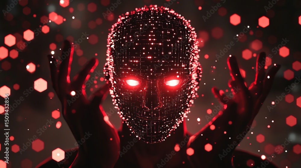 Poster red digital humanoid glowing eyes dark background abstract futuristic technology artificial intellig
