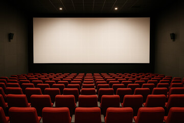 Obraz premium Empty Modern Cinema With Red Seats And Large Blank Screen In Contemporary Movie Theater