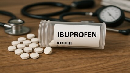 Ibuprofen tablets used for pain relief, inflammation, and fever, over-the-counter NSAID.	
