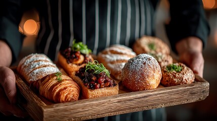 Hands presenting a rustic wooden tray of freshly baked warm pastries, ideal for bakery marketing, food blog visuals, and cozy café advertising