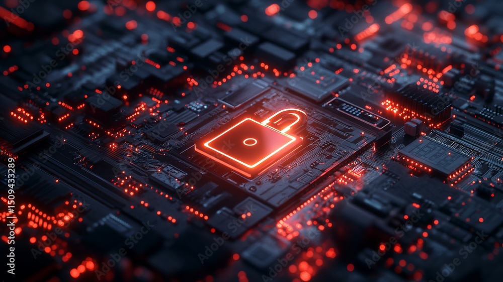 Poster cybersecurity digital lock neon red glowing padlock on circuit board technology abstract background 