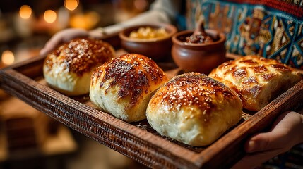 Hands presenting a rustic wooden tray of freshly baked pastries with steam rising, ideal for bakery websites, food blogs, and cozy café advertising