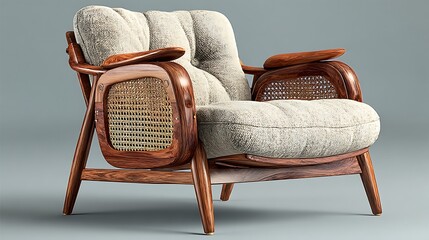 Handcrafted wooden armchair with elegant curved frame and natural woven rattan seat, perfect for bohemian interiors and sustainable furniture design