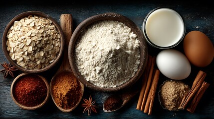 Healthy baking preparation with oatmeal being poured into milk amid ingredients on dark surface, ideal for breakfast recipes and nutrition blog visuals