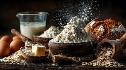 Healthy baking preparation with oatmeal being poured into milk amid ingredients on dark surface, ideal for breakfast recipes and nutrition blog visuals