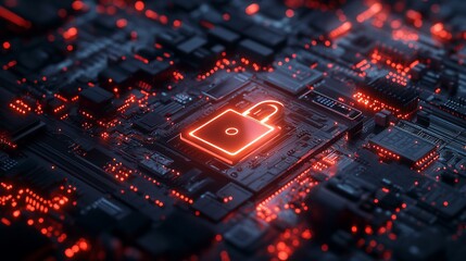 Cybersecurity Digital Lock Neon Red Glowing Padlock on Circuit Board Technology Abstract Background Modern Data Protection Network Security System Innovation Digital Future        