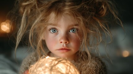 Sweet little girl holding a warm glowing night light in her hands, creating cozy childhood magic perfect for parenting blogs and nursery decor