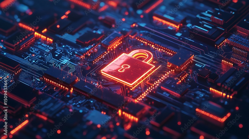 Poster cybersecurity digital lock red neon glowing circuit board technology abstract background modern data