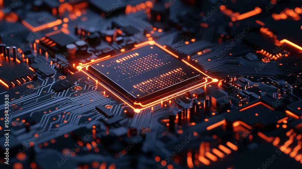 Poster abstract technology background orange glowing circuits microchip motherboard digital hightech innova