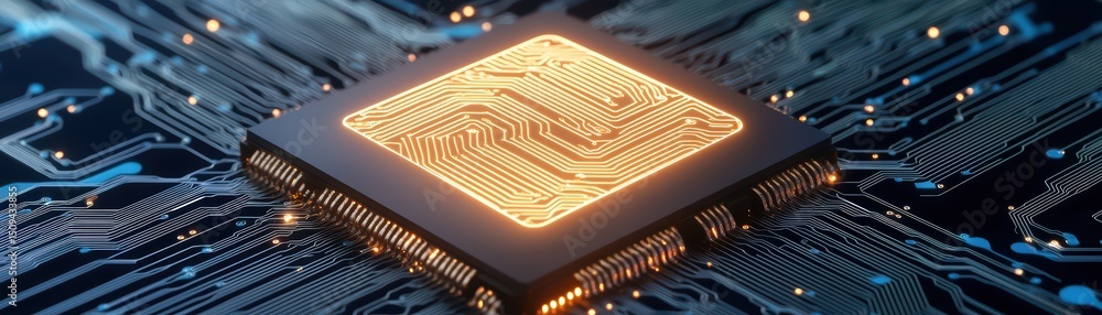 Poster high-tech digital microchip on circuit board with glowing elements and intricate patterns