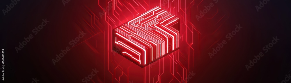 Poster futuristic glowing circuit board with red neon lights and intricate patterns on a dark background