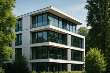Obraz premium Modern Apartment Building With Glass Balconies Surrounded By Green Trees In Peaceful City
