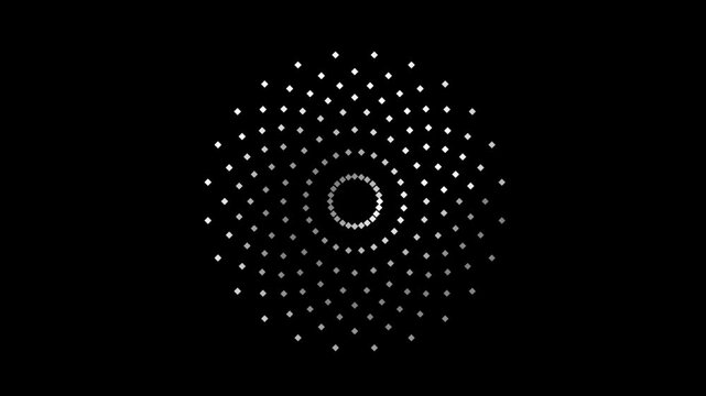 Minimalistic black and white dotted geometric mandala animation with expanding and collapsing dots, circular concentric rings