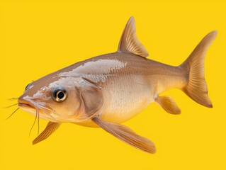Obraz premium Freshwater Fish with Detailed Features on Bright Yellow Background for Nature and Seafood Photography