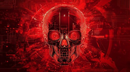 Cyberpunk Red Skull Digital Art Abstract Technology Background Futuristic Design Glowing Red Skull Graphic Illustration Intense Red Hues Modern Art Style Sci Fi Theme High         