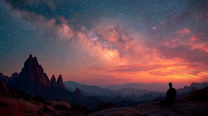 Dramatic silhouette of lone hiker under a breathtaking starry night sky over mountain peaks - perfect for adventure travel branding and astronomy themes