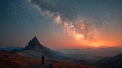 Dramatic silhouette of lone hiker under a breathtaking starry night sky over mountain peaks - perfect for adventure travel branding and astronomy themes