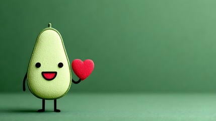 Smiling Avocado Cartoon Character Holding a Heart: Playful and Wholesome