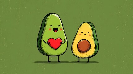 Smiling Avocado Cartoon Character Holding a Heart: Playful and Wholesome