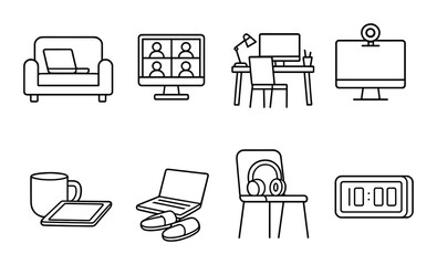 Remote office essentials linear icons set – outline, workspace and telecommuting graphics