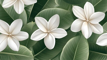 Obraz premium Elegant White Plumeria Flowers Tropical Green Leaves Botanical Art