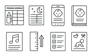 Parenting tools icons set – outline, baby care and family planning symbols