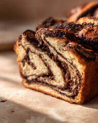 close-up of a sliced chocolate babka revealing its marbled layers and gooey filling