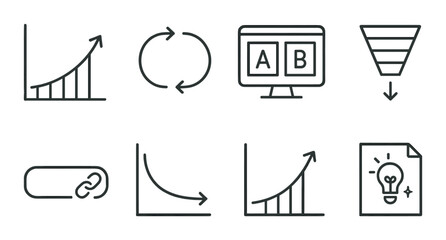Growth hacking outline icons set – business, strategy symbols for digital marketing