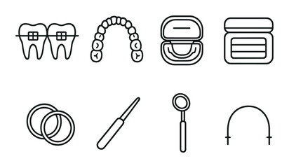 Orthodontic essentials icons set – outline, dental, braces and aligner symbols