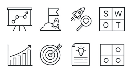 Startup strategy line icons set – business, development and planning symbols