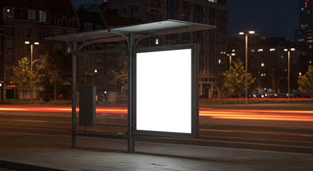 City Nightlife Blank Billboard Bus Stop Light Trails Advertising Space Urban Scene Transportation