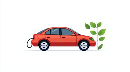 Fototapeta premium Red Car Charging with Leaves Symbolizing Eco-Friendly Transportation and Sustainability Concepts