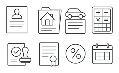 Loan services linear icons set – outline, financial documents and mortgage symbols