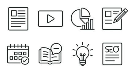 Content marketing outline icons set – linear, digital strategy and seo graphics