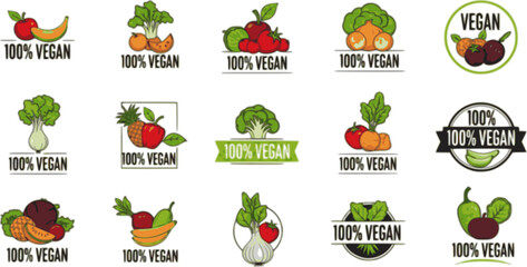 vector set of 100% percent vegan logo a vegetarian vector template
