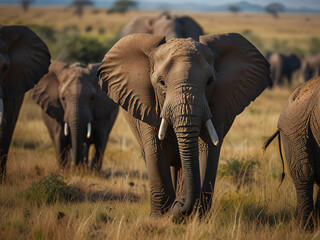 Fototapeta premium A herd of African elephants walking across the savannah