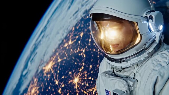 Close-up of an astronaut in a reflective helmet observing planet Earth from space. The night side of the globe shows illuminated urban areas, while the spaceman's suit features an American flag patch.