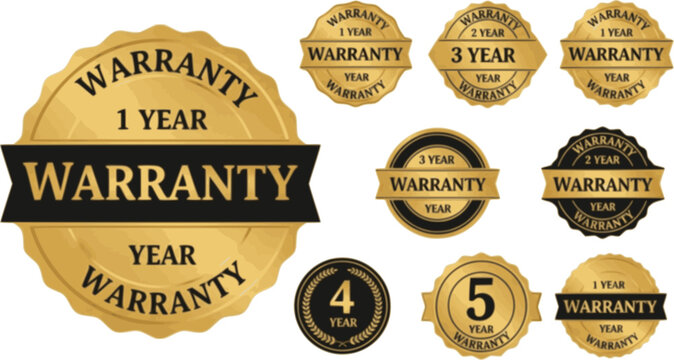 1, 2, 3 and 5 year warranty logo set in golden color vector illustration. One, two, three and five year Warranty labels, stamp designs in golden and black color. Set of golden warranty vector template