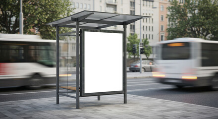 Bus stop with blank billboard for advertisement mockup Public transport city street with bus urban