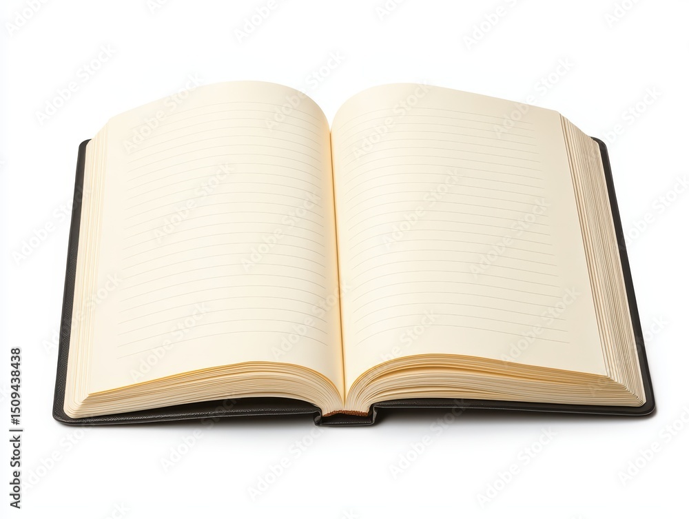 Poster blank open notebook with ivory pages resting on a flat surface ready for notes and creative writing 