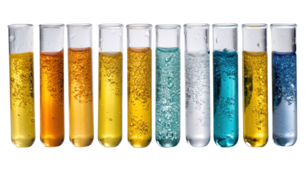 Ten test tubes filled with colorful liquids and bubbles, creating a vibrant scientific scene against a transparent background, perfect for chemistry and research projects