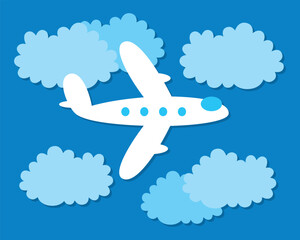White passenger airplane in a blue sky and clouds flat vector illustration