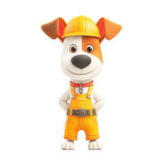 Fototapeta premium Cute 3d cartoon dog dressed in a construction outfit full body view showing enthusiastic expression with hard hat